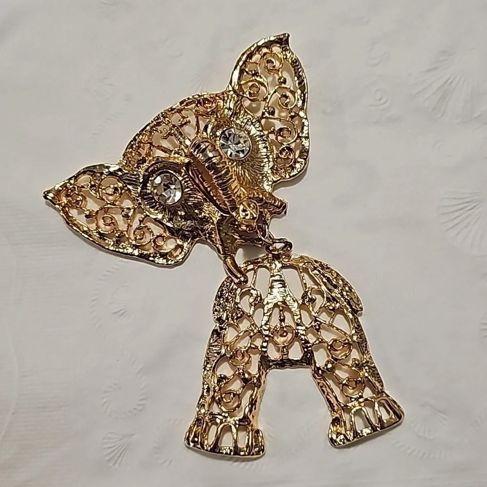 Vintage Elephant articulated Haute Couture Brooch Rhinestones Gold Large Dangle